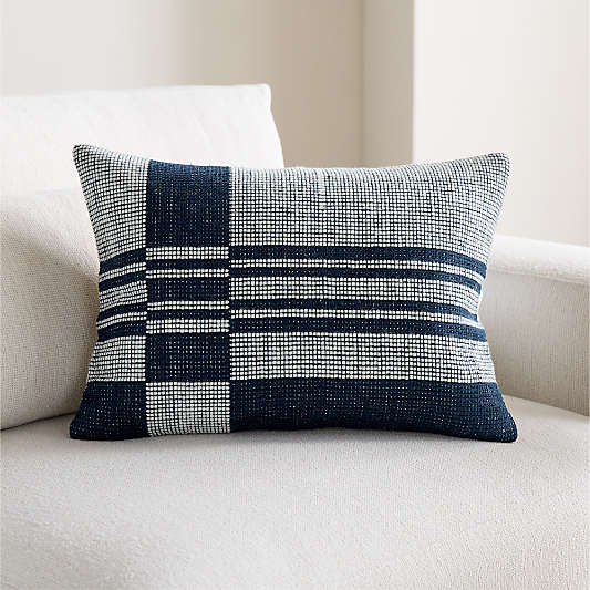 Wool and Linen Blend Plaid 22"x15" Deep Indigo Throw Pillow