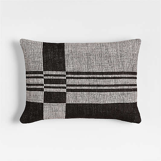 Wool/Linen Plaid 22"x15" Midnight Navy Throw Pillow with Down-Alternative Insert