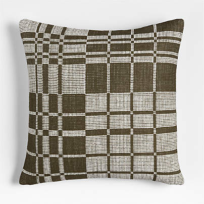 Wool/Linen Plaid 23"x23" Burnt Green Throw Pillow with Feather Insert
