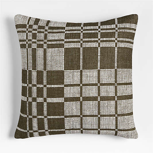 Wool/Linen Plaid 23"x23" Burnt Green Throw Pillow with Feather Insert