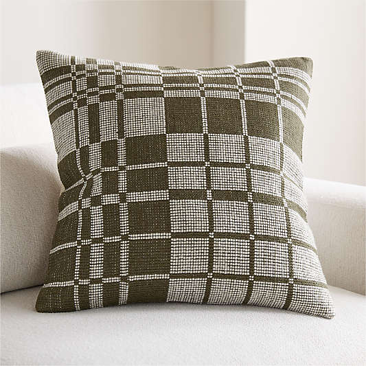 Wool and Linen Blend Plaid 23"x23" Burnt Green Throw Pillow