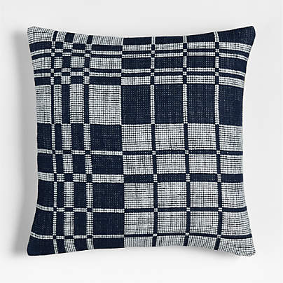 Wool/Linen Plaid 23"x23" Deep Indigo Throw Pillow with Feather Insert