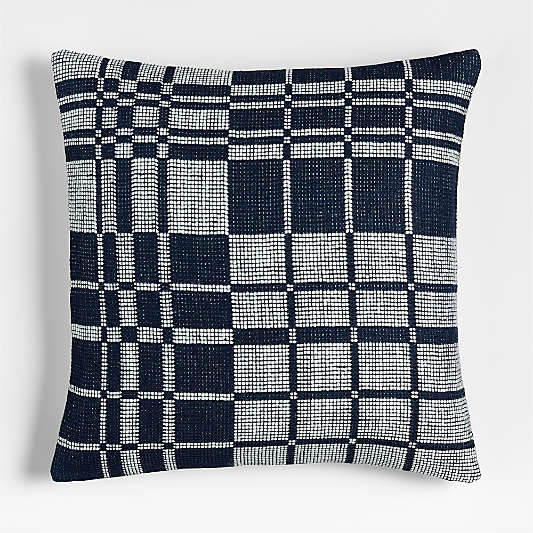 Wool/Linen Plaid 23"x23" Deep Indigo Throw Pillow with Feather Insert