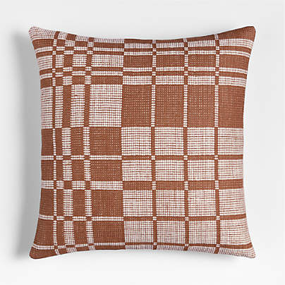 Wool/Linen Plaid 23"x23" Maple Brown Throw Pillow with Feather Insert