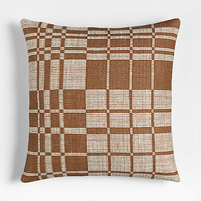 Wool/Linen Plaid 23"x23" Maple Brown Throw Pillow with Down-Alternative Insert
