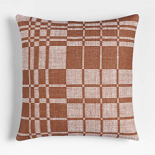 Wool/Linen Plaid 23"x23" Maple Brown Throw Pillow with Feather Insert