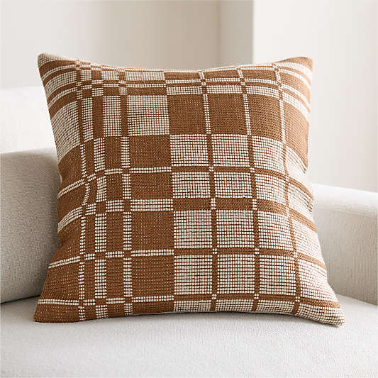 Wool/Linen Plaid 23"x23" Maple Brown Throw Pillow with Down-Alternative Insert