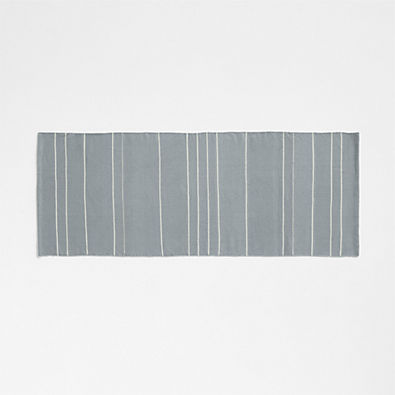View Woven Stripe Organic Cotton Mist Blue and Crisp White Bath Mat 24"x64" details