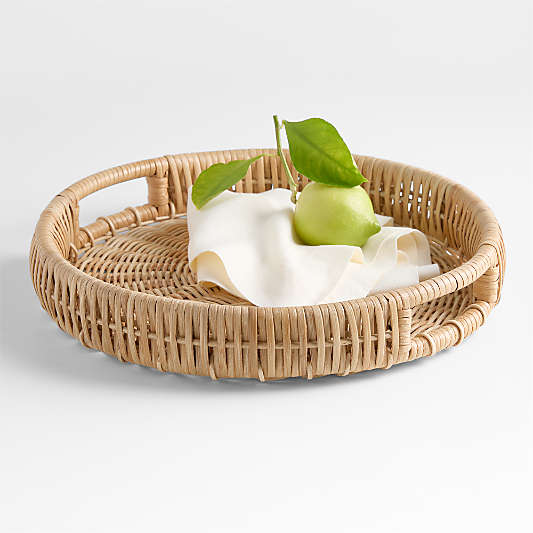 Woven Wicker 15" Round Tray with Handles