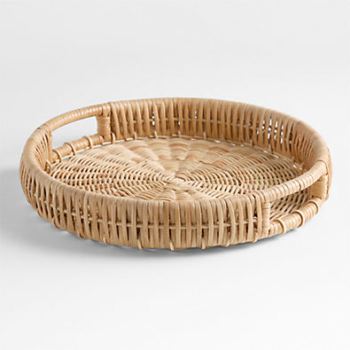 View Woven Wicker 15" Round Tray with Handles details