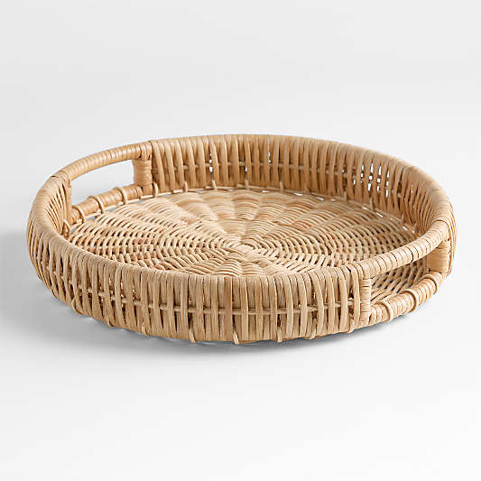 Woven Wicker 15" Round Tray with Handles