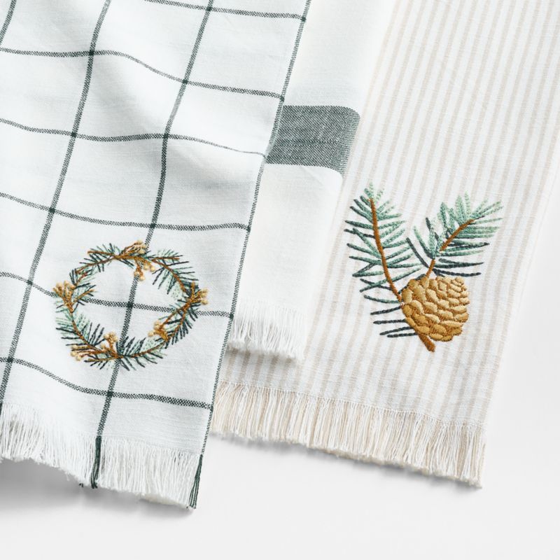 Wreath Embroidered and Windowpane Organic Cotton Kitchen Towels, Set of 3 - image 1 of 5