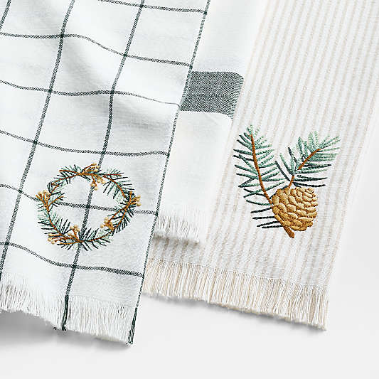 Wreath Embroidered and Windowpane Organic Cotton Kitchen Towels, Set of 3