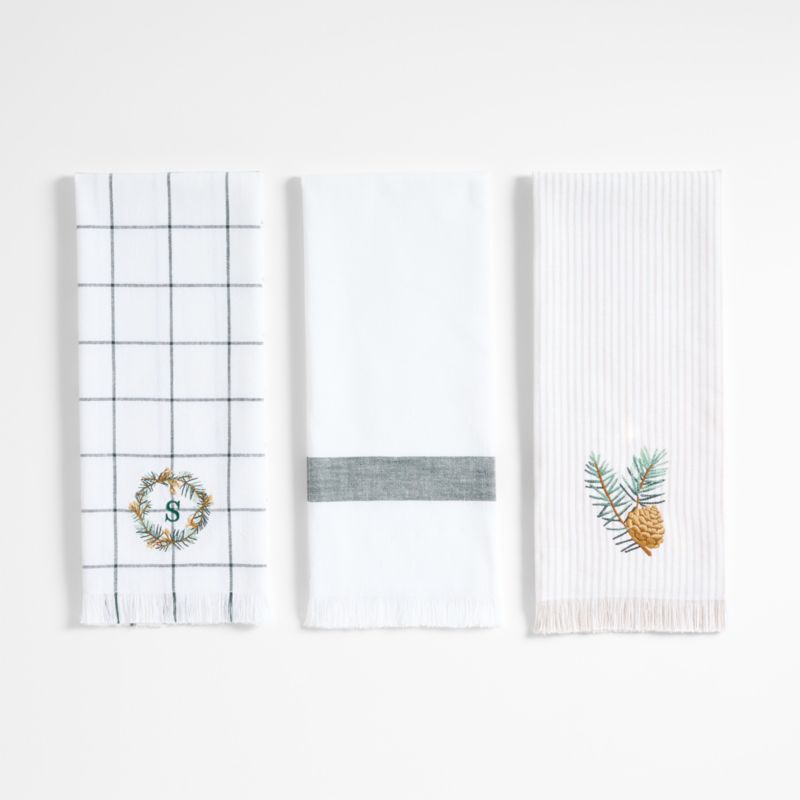 Wreath Embroidered and Windowpane Organic Cotton Kitchen Towels, Set of 3 - image 3 of 5