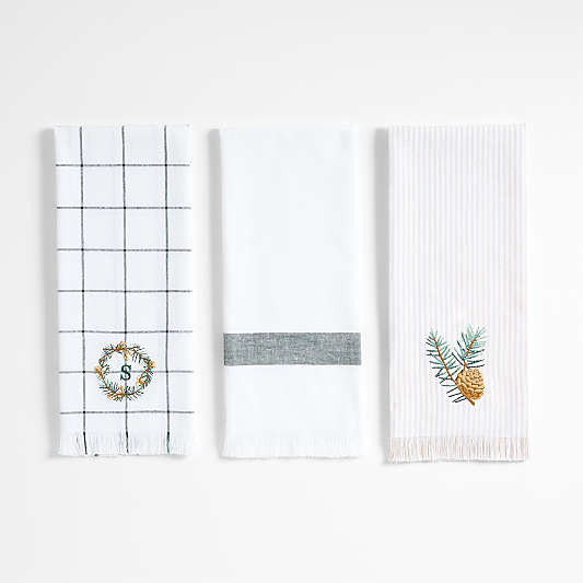 Wreath Embroidered and Windowpane Organic Cotton Kitchen Towels, Set of 3