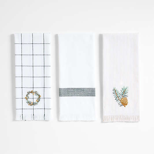 Wreath Embroidered and Windowpane Organic Cotton Kitchen Towels, Set of 3