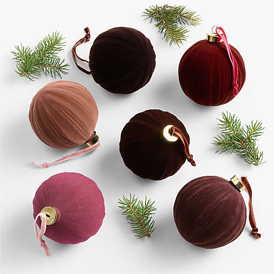 Warm Toned Ribbed Velvet Christmas Tree Ornaments, Boxed Set of 6