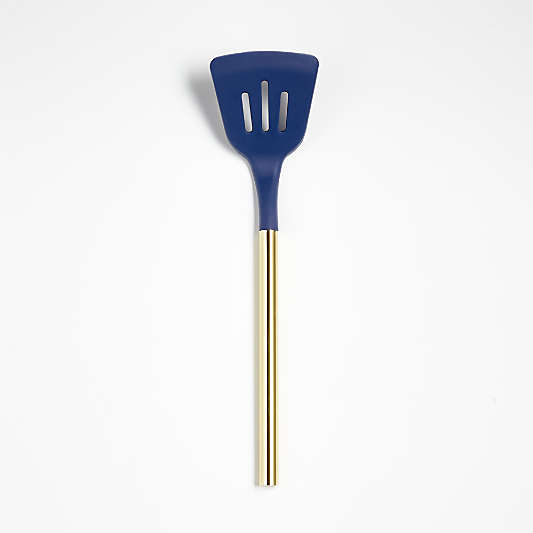 Wyn Blue Silicone Slotted Turner with Brass Handle