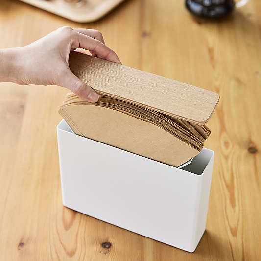 Yamazaki White Steel Coffee Filter Storage Case with Ash Wood Lid