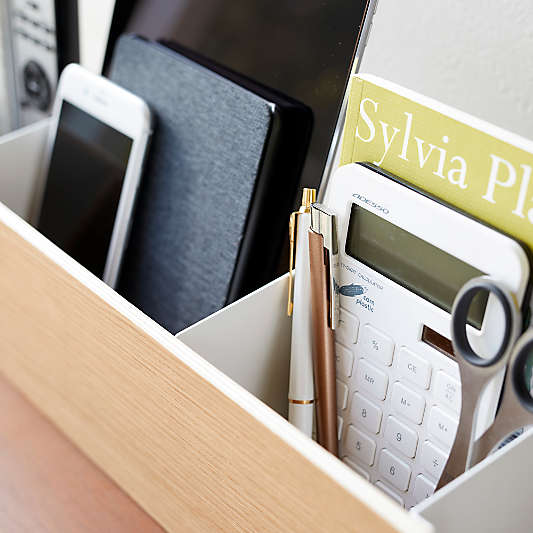 Yamazaki Wood and White Steel Wide Desk Organizer