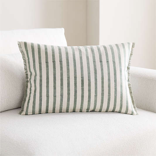 Yarra Stripe Fringe 24"x16" Shadow Sage Green Throw Pillow