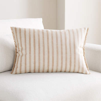 Yarra Stripe Fringe 24"x16" Warm Sand Beige Throw Pillow with Feather Insert