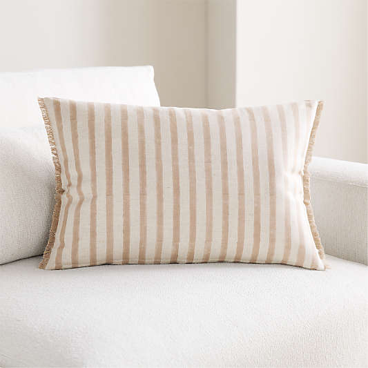 Yarra Stripe Fringe 24"x16" Warm Sand Beige Throw Pillow Cover
