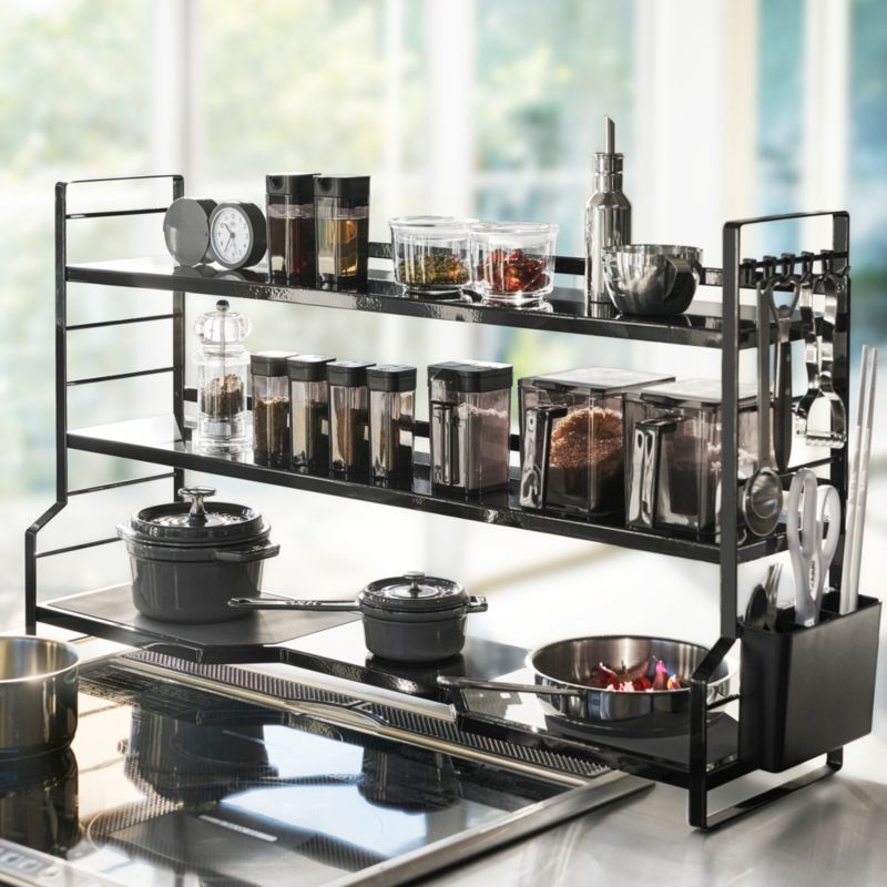 YAMAZAKI TOWER Scaffale Da Cucina Impilabile In Acciaio – 30,5x22x14 Cm, Nero, Minimalista, Porta Spezie E Barattoli
