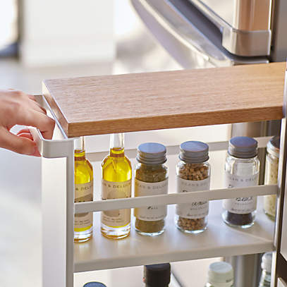 Slimline Tower White Steel Three-Tier Rolling Storage Cart with Wooden Accent