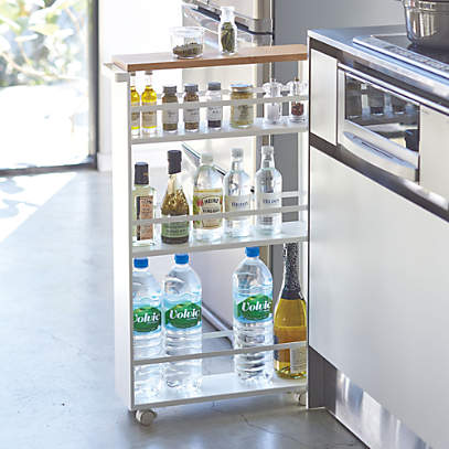 Slimline Tower White Steel Three-Tier Rolling Storage Cart with Wooden Accent