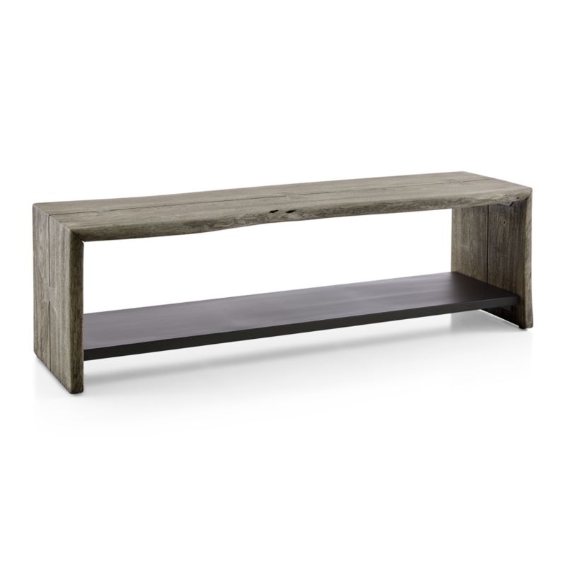 Yukon Weathered Grey Live Edge Solid Wood Storage Entryway Bench with Shelf