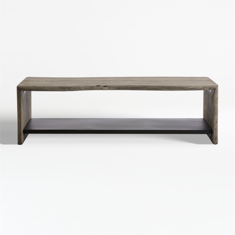 Yukon Weathered Grey Live Edge Solid Wood Storage Entryway Bench with Shelf