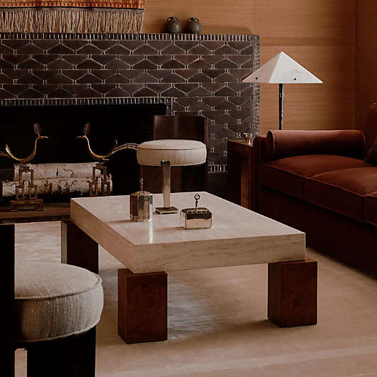 Dualité Travertine and Burl Wood Block Leg 56" Coffee Table by Athena Calderone