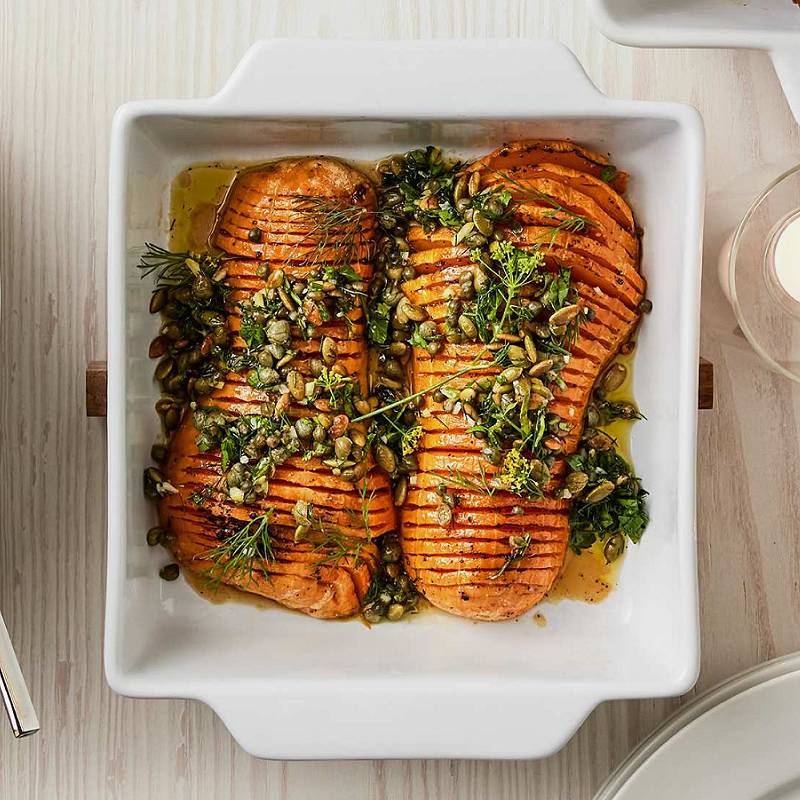 Hasselback Squash with Caper & Pumpkin Gremolata Recipe | Crate & Barrel