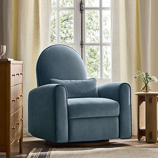 Miles Ocean Blue Velvet Nursery Power Recliner Swivel Chair with Wooden Base