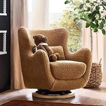 Babyletto x Nursery Works Solstice Cortado Brown Shearling Nursery Glider Chair with Natural Wood Base