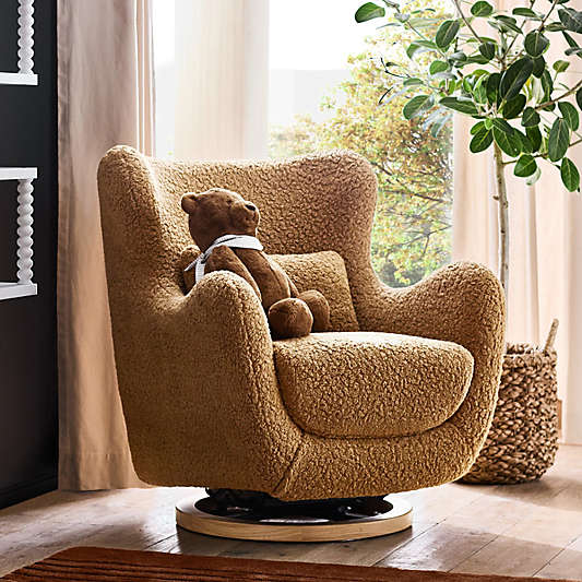 Babyletto x Nursery Works Solstice Cortado Brown Shearling Nursery Glider Chair with Natural Wood Base