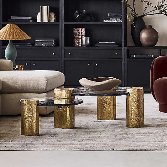 Alchemy Burnished Brass and Cast Glass Tiered Round Coffee Table and End Table Set