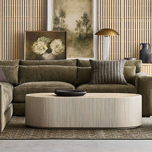 Kahn Off-White Concrete and Oak Wood Ribbed 62" Oval Coffee Table