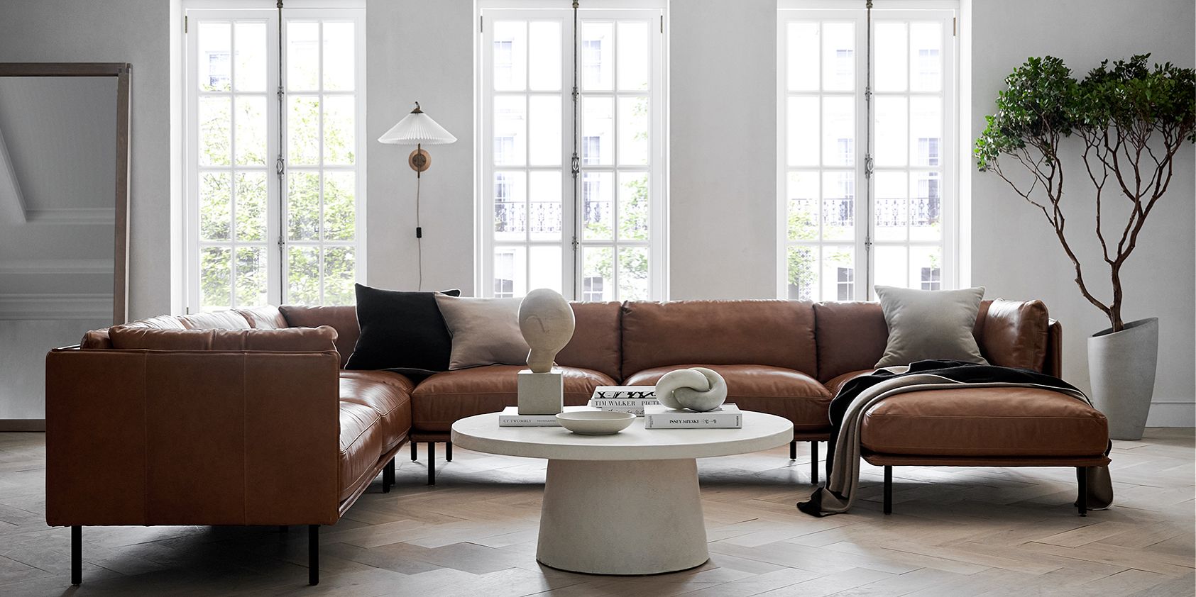 Wells Leather L-Shaped Sectional Sofa Living Room