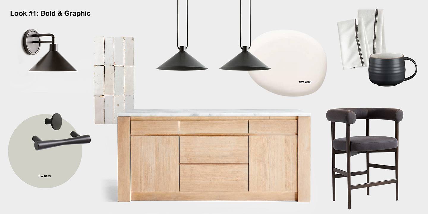 Terra kitchen island with black and neutral product pairings