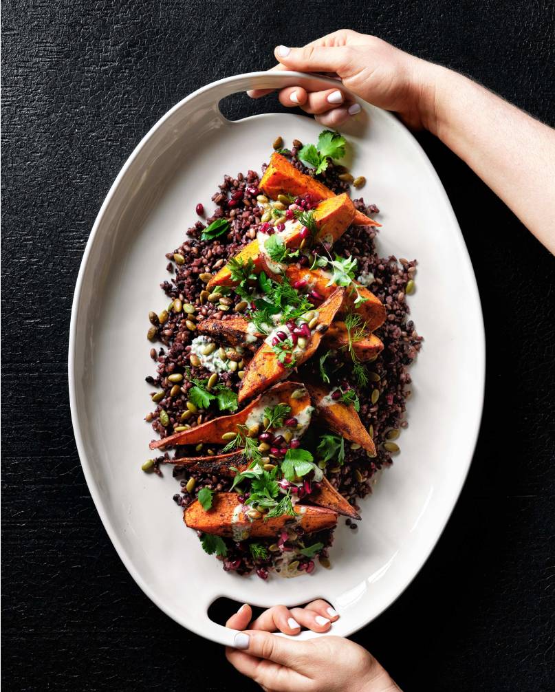 unstuffed sweet potatoes with  wild rice and maple-tahini drizzle