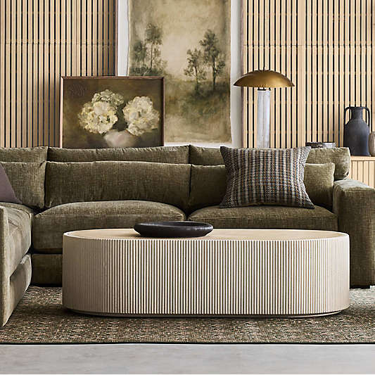 Kahn Off-White Concrete and Oak Wood Ribbed 62" Oval Coffee Table