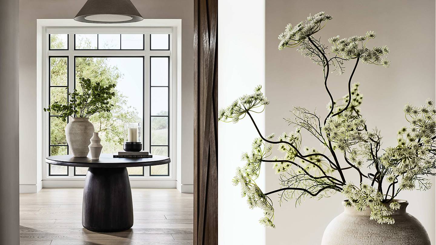 Left image: Ophelia vase with Queen Anne's Lace faux botanical stems on Zahn round table. Right image: Closeup of Queen Anne's Lace faux botanical stem