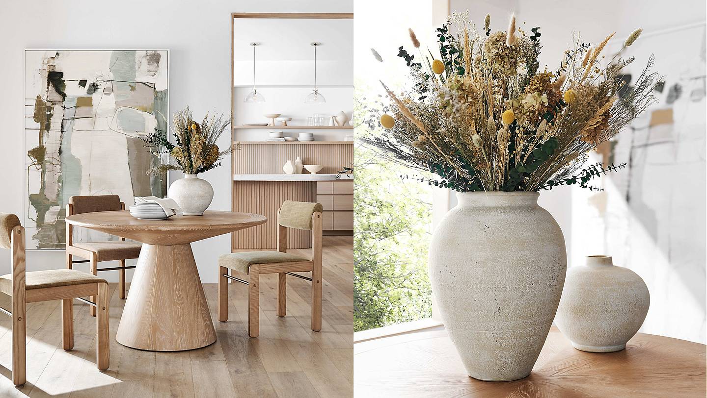 Left image: Silver Dollar Eucalyptus and Palm Dried Bouquet in Ophelia vase on Palisades dining table. Right image: close up of Silver Dollar Eucalyptus and Palm Dried Bouquet in Ophelia vase