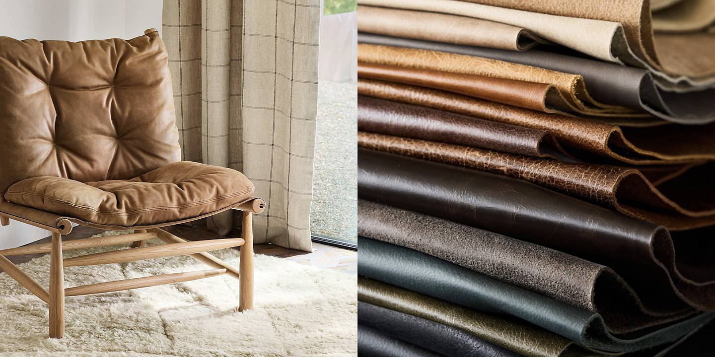 left image: Henning Leather Accent Chair | right image: leather swatches in browns and greens