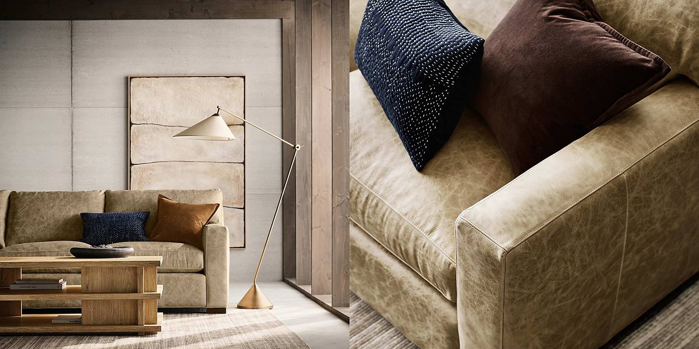 left image: Axis leather sofa with Stria coffee table | right image: Arm detail of Axis leather sofa