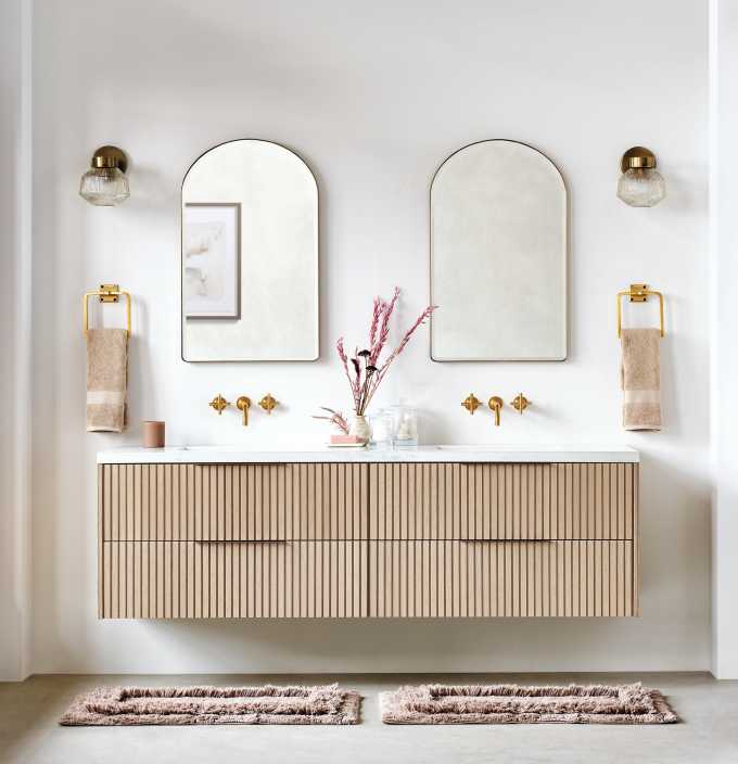 Dual Marble and Brass Sink Vanity with Marble Shelf - Transitional -  Bathroom