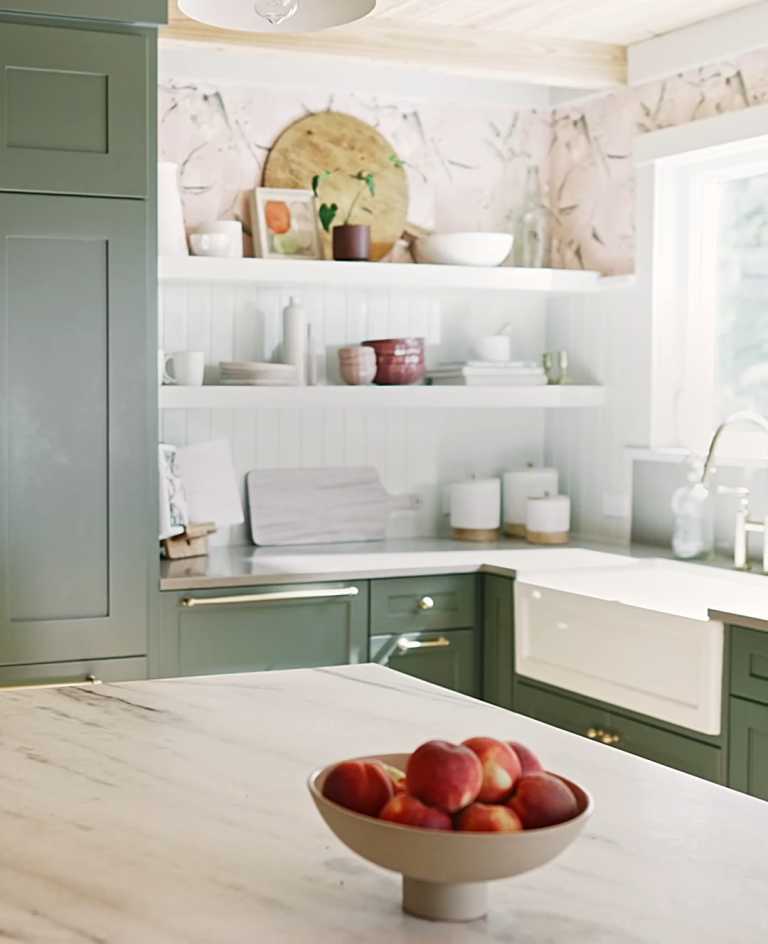 Light Beige Kitchen Cabinetry with Oval Brass Knobs - Transitional - Kitchen