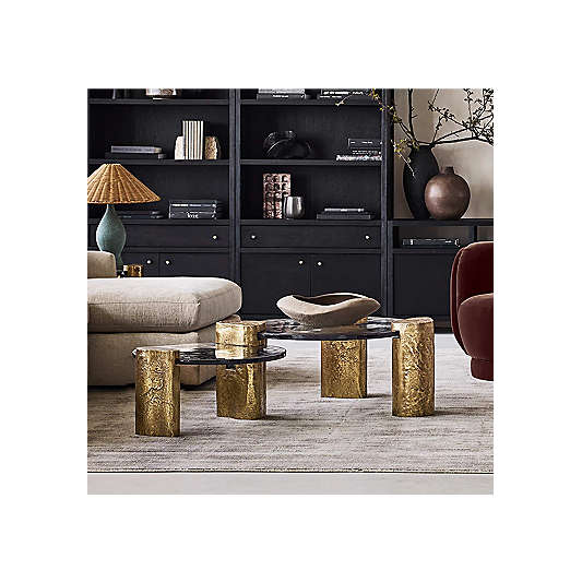 Alchemy Burnished Brass and Cast Glass Tiered Round Coffee Table and End Table Set